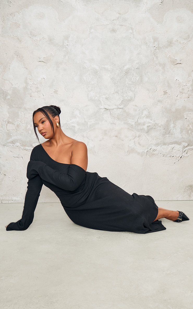 Plus Robe longue épaisse brossée noire asymétrique à fronces image 3