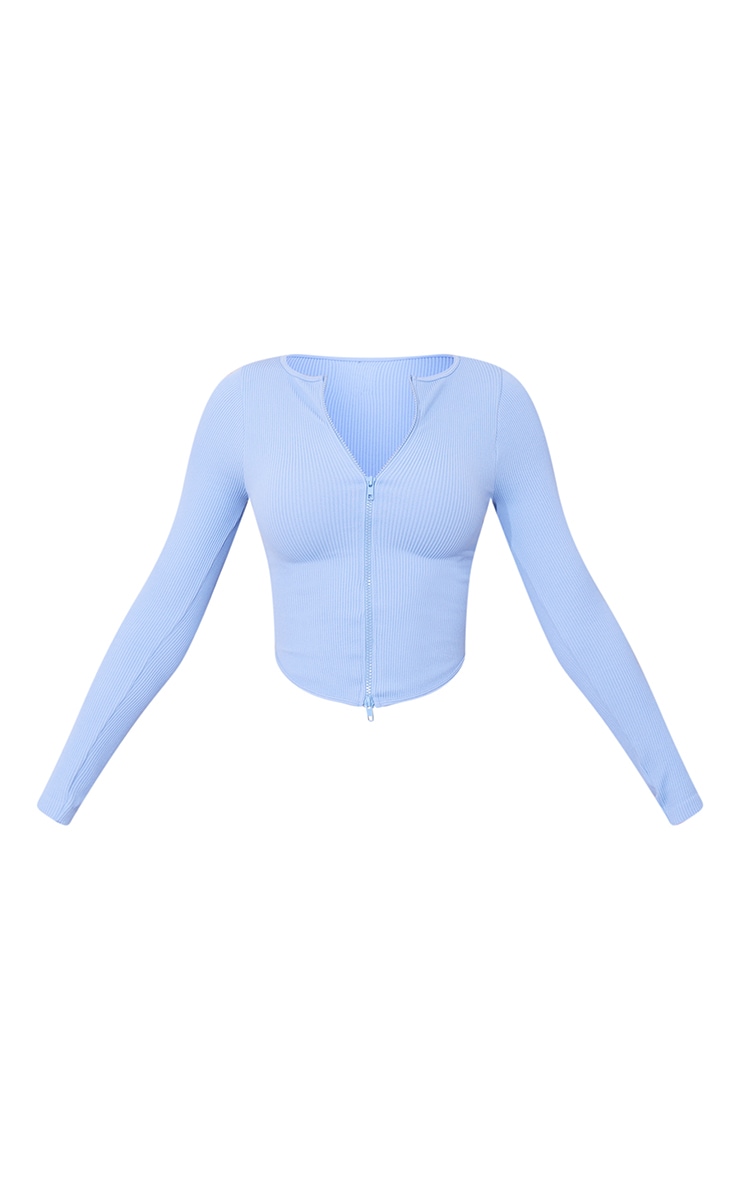 Top côtelé bleu clair à zip doublé détail contours image 5