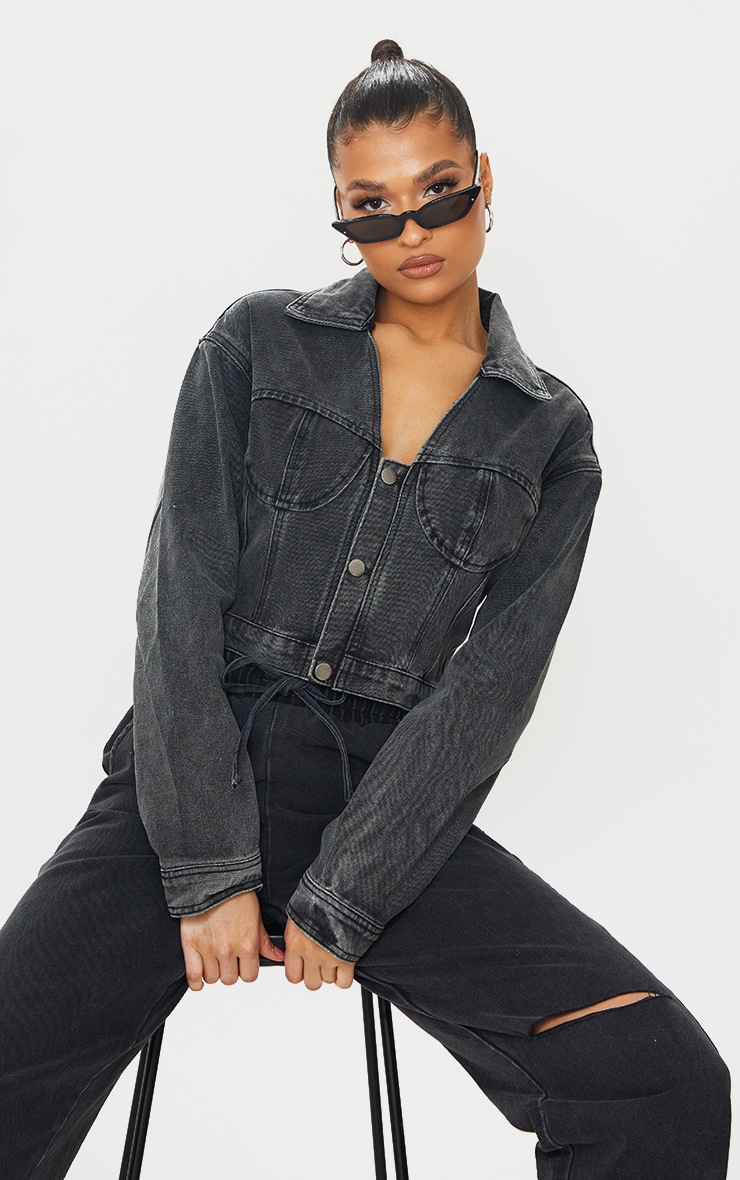 Veste en jean noir délavée style bustier
