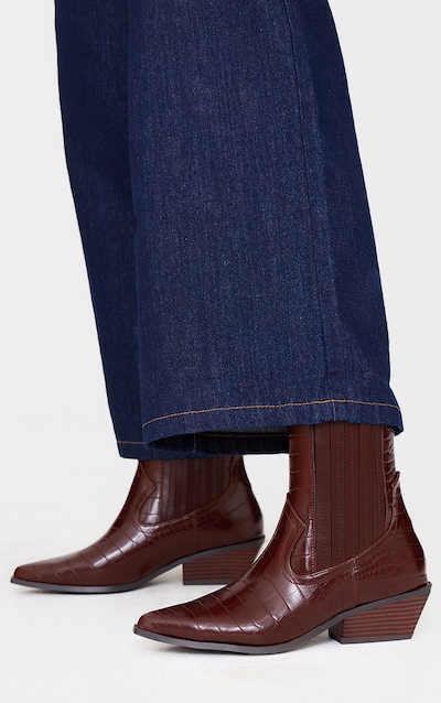 Chocolate Croc PU Point Toe Low Block Heel Western Ankle Boots
