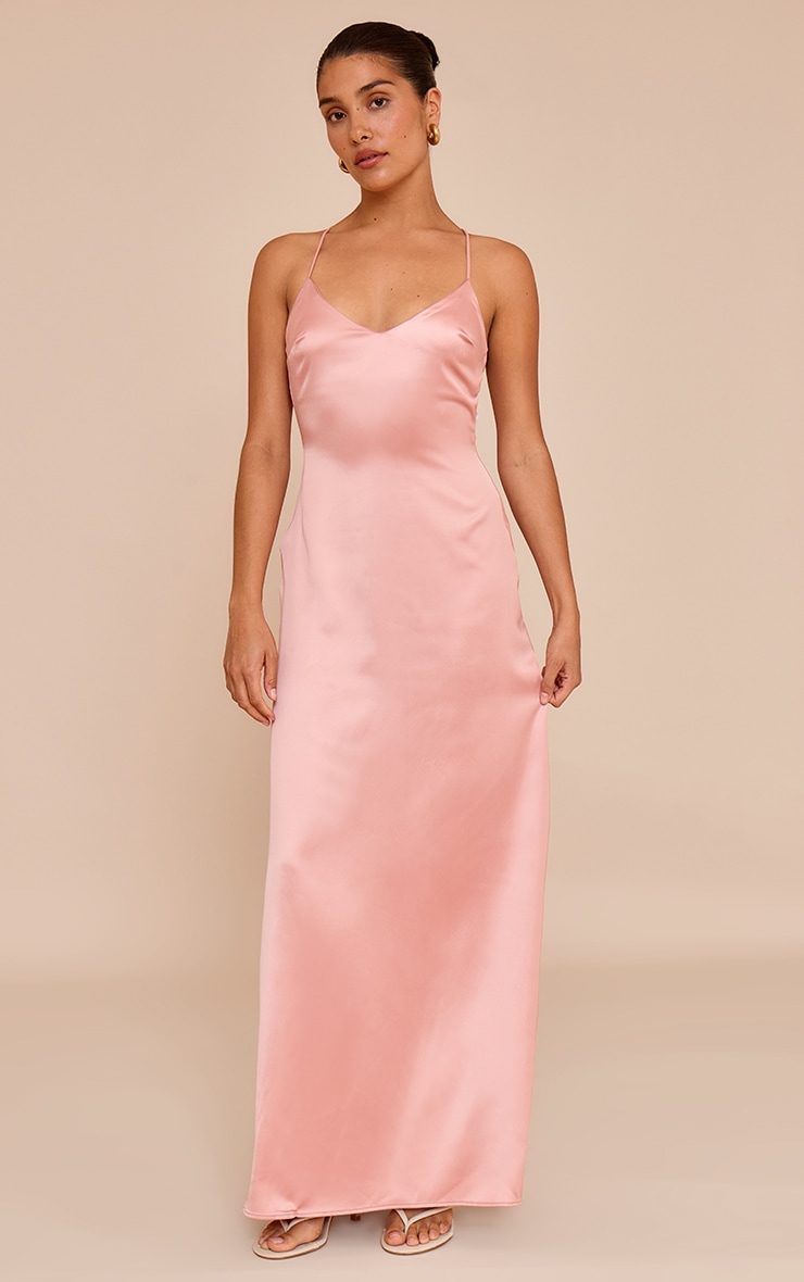 Petite Baby Pink Satin Strappy Open Back Maxi Dress image 1