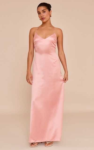 Petite Baby Pink Satin Strappy Open Back Maxi Dress