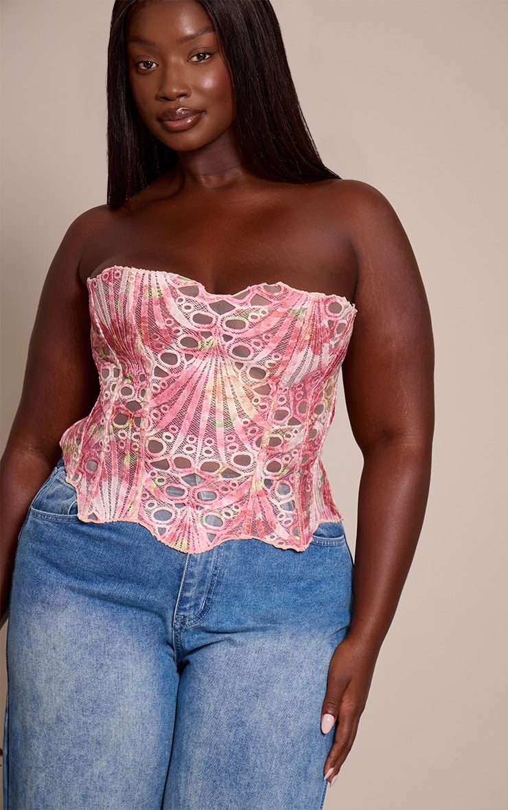 Plus Pink Textured Sheer Floral Lace Corset image 1