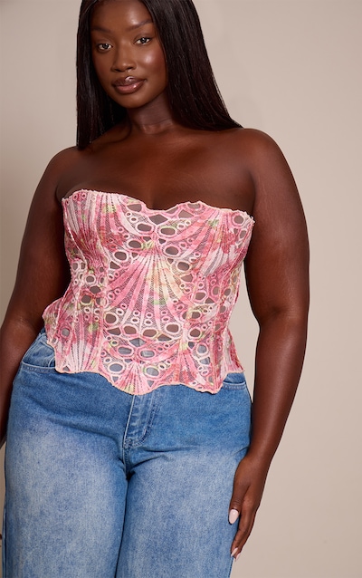 Plus Pink Textured Sheer Floral Lace Corset
