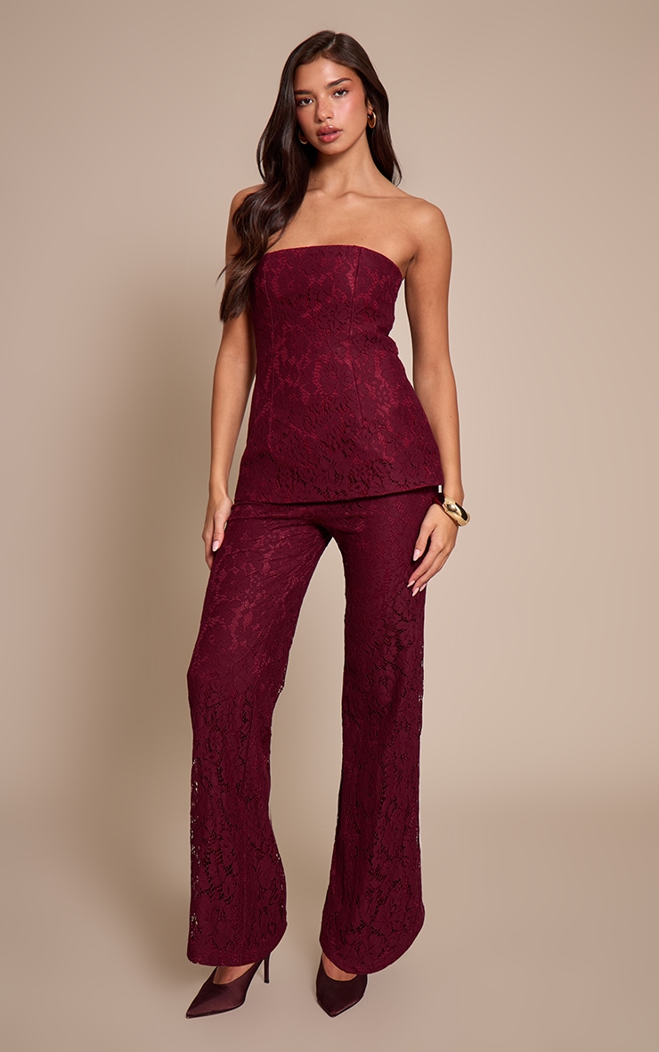 Burgundy Lace Bandeau Overlay Straight Leg Jumpsuit