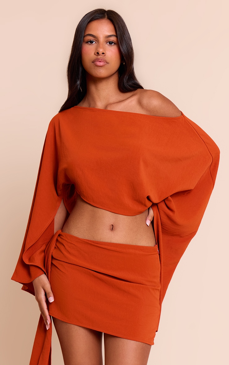 Petite Rust Floaty Woven Slash Neck Long Sleeve Top image 1