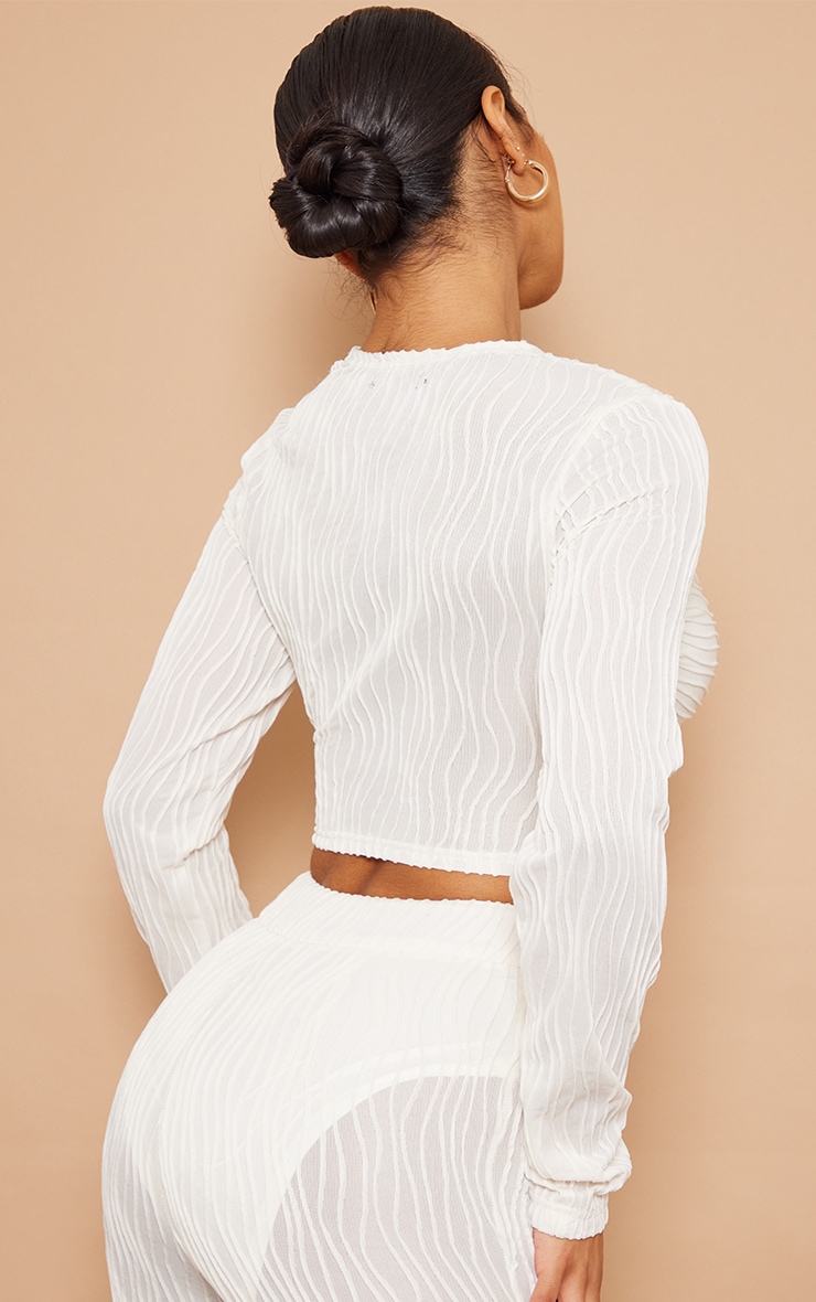 White Textured Twist Front Long Sleeve Top image 2