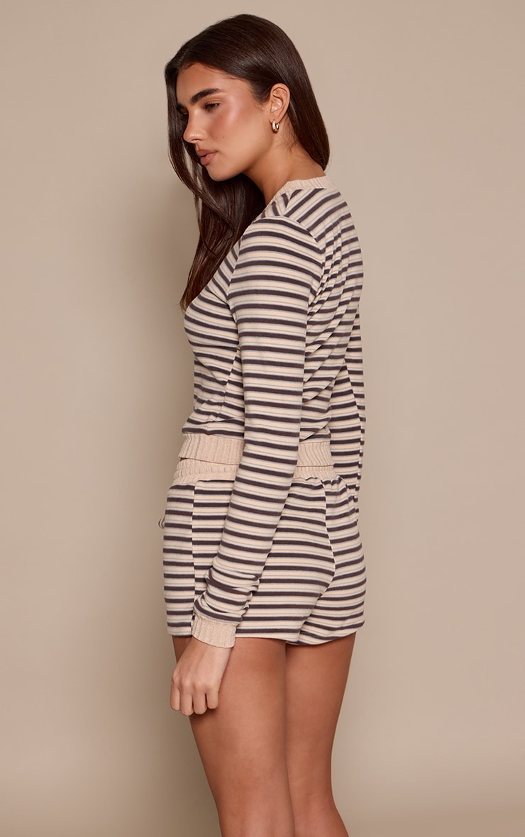 Light Brown Striped Soft Fleece V Neck Long Sleeve Top image 2