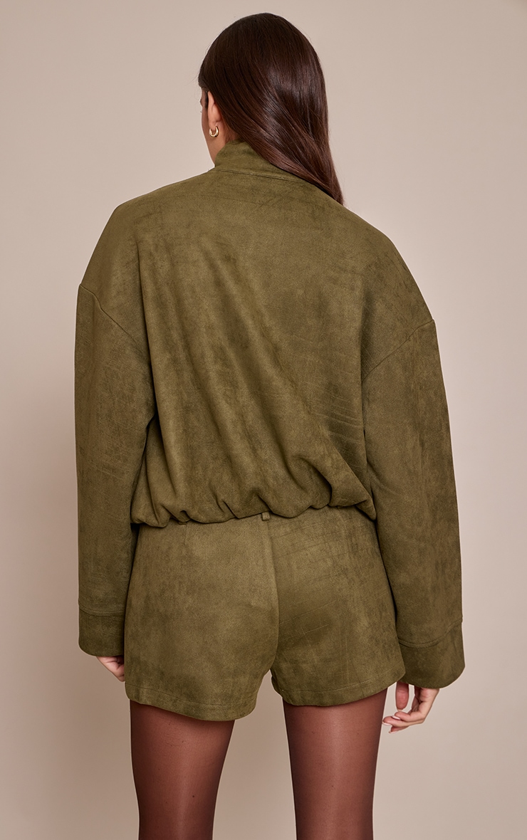 Khaki Faux Suede Funnel Neck Zip Up Jacket image 2
