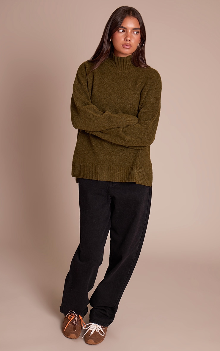 Khaki Oversized Polo Neck Knitted Sweater image 3