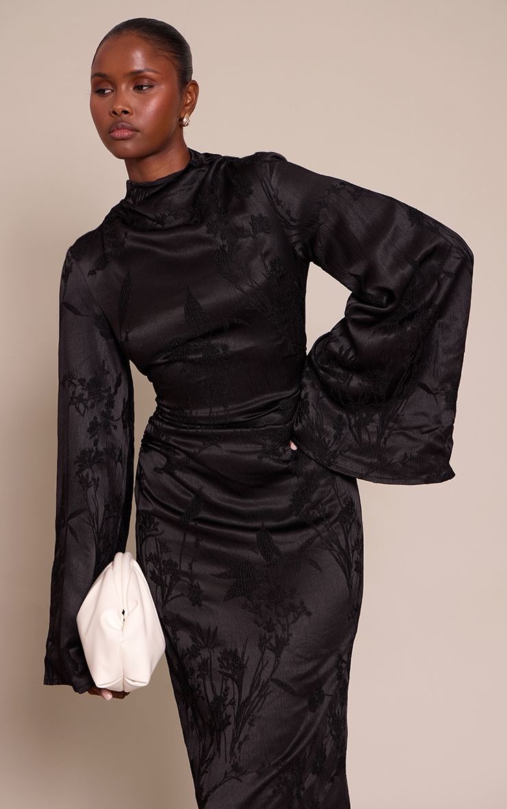 Black Floral Jacquard High Neck Flared Sleeve Maxi Dress image 4