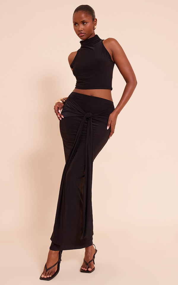 Black Slinky Tie Detail Maxi Skirt