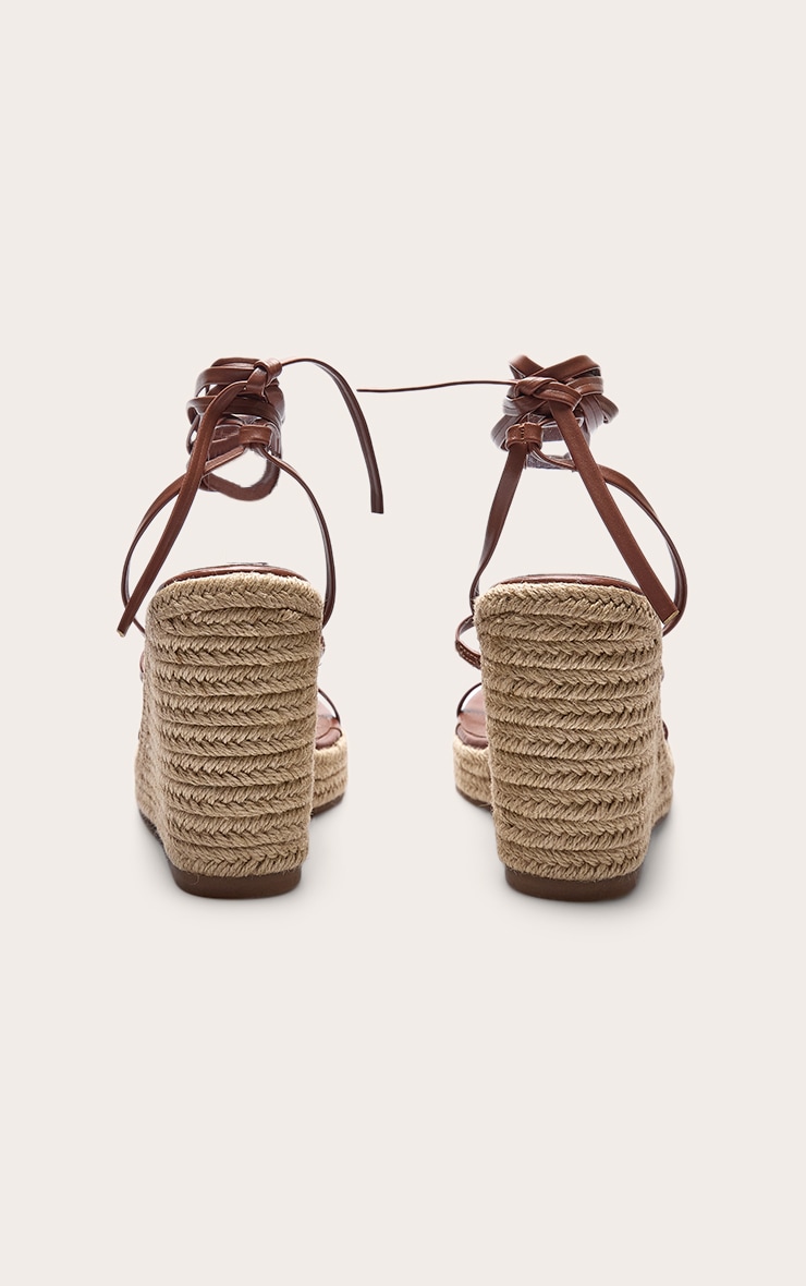 Compensés style espadrilles carrés en PU marron clair à talon haut et lacets image 4