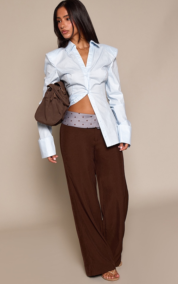 Petite Chocolate Contrast Polka Dot Waistband Low Waist Tailored Pants
