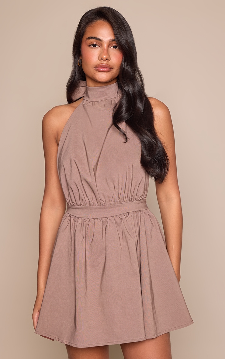 Taupe Stretch Woven Halterneck Backless Shift Dress