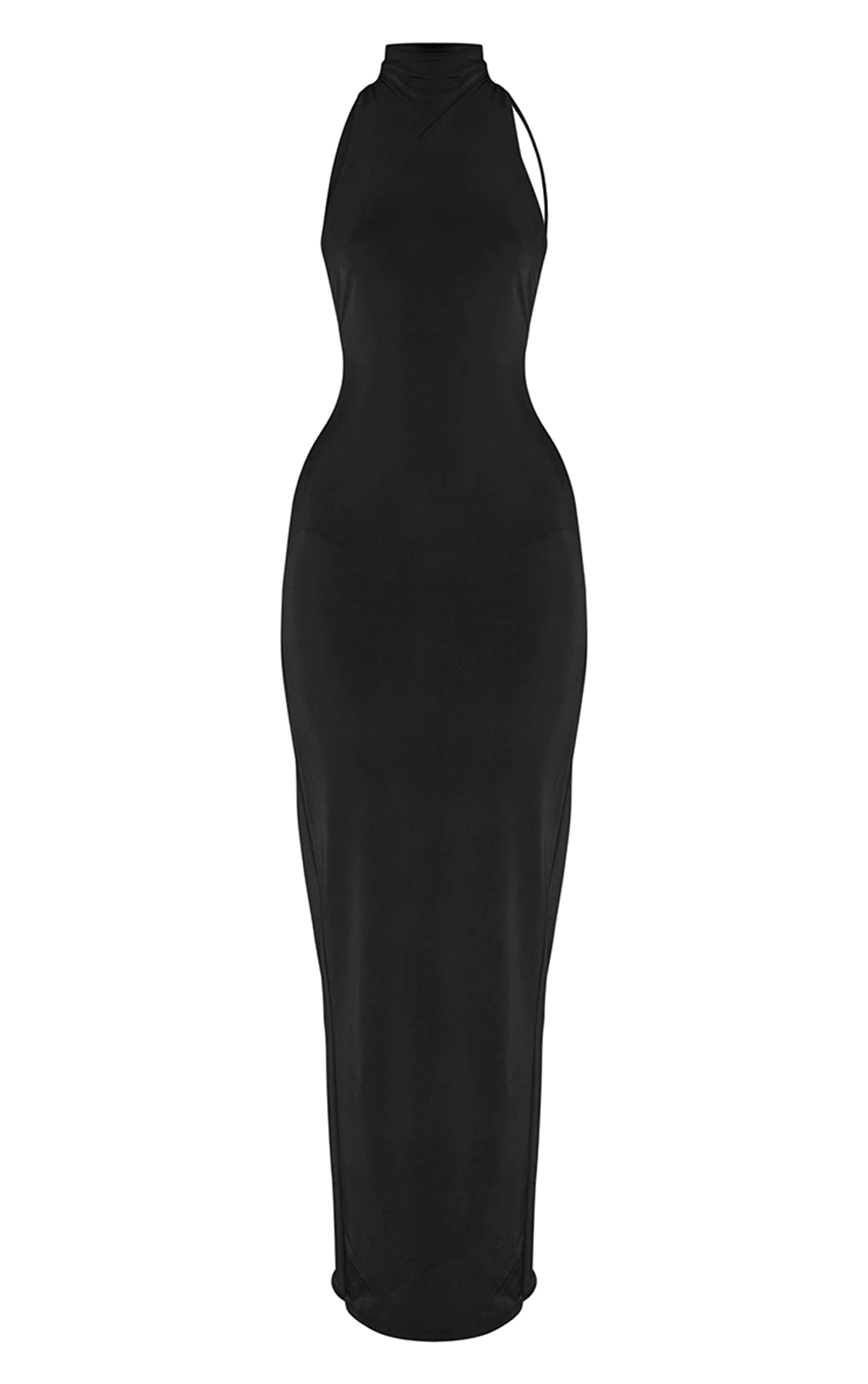Black Slinky High Neck Asymmetric Midi Dress image 5
