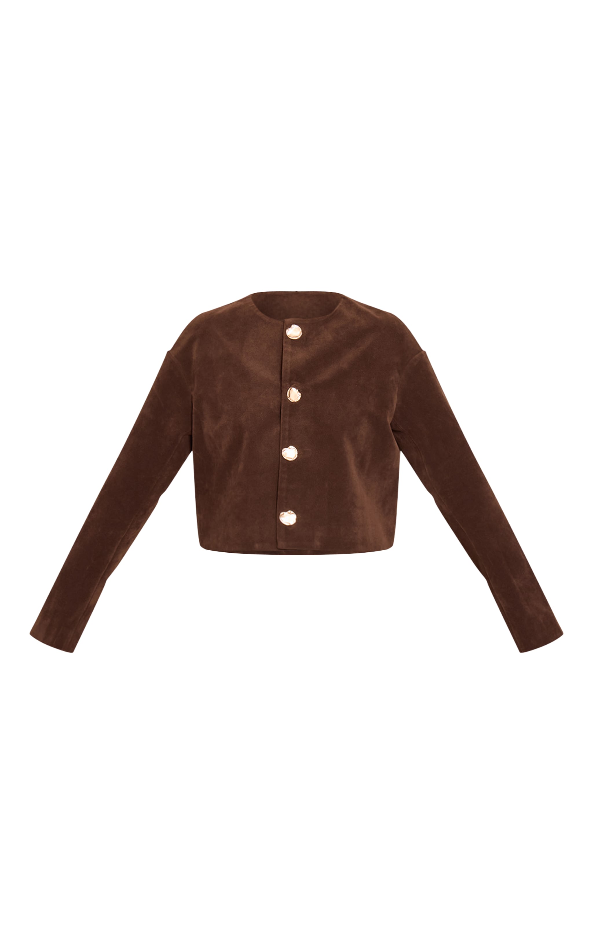Chocolate Round Neck Gold Button Suede Jacket image 5