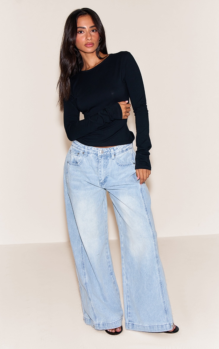Petite Black Crew Neck Cotton Long Sleeve Top image 3