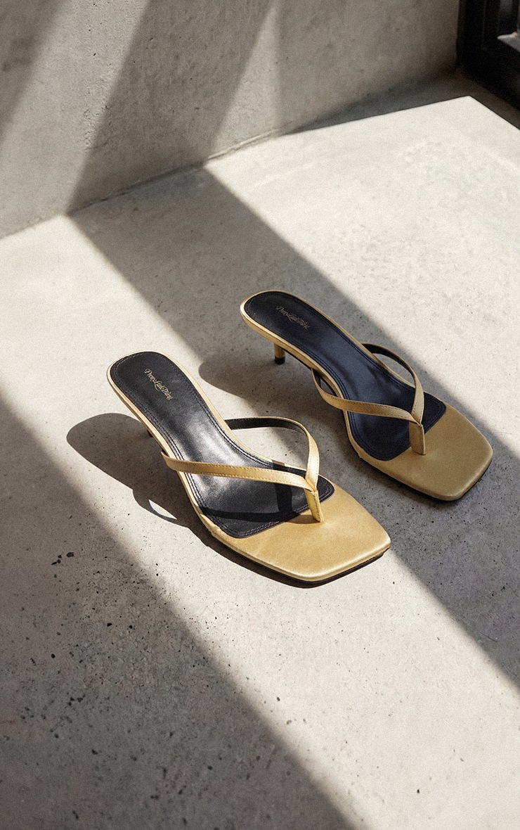 Gold Satin Toe Thong Kitten Heel Mule