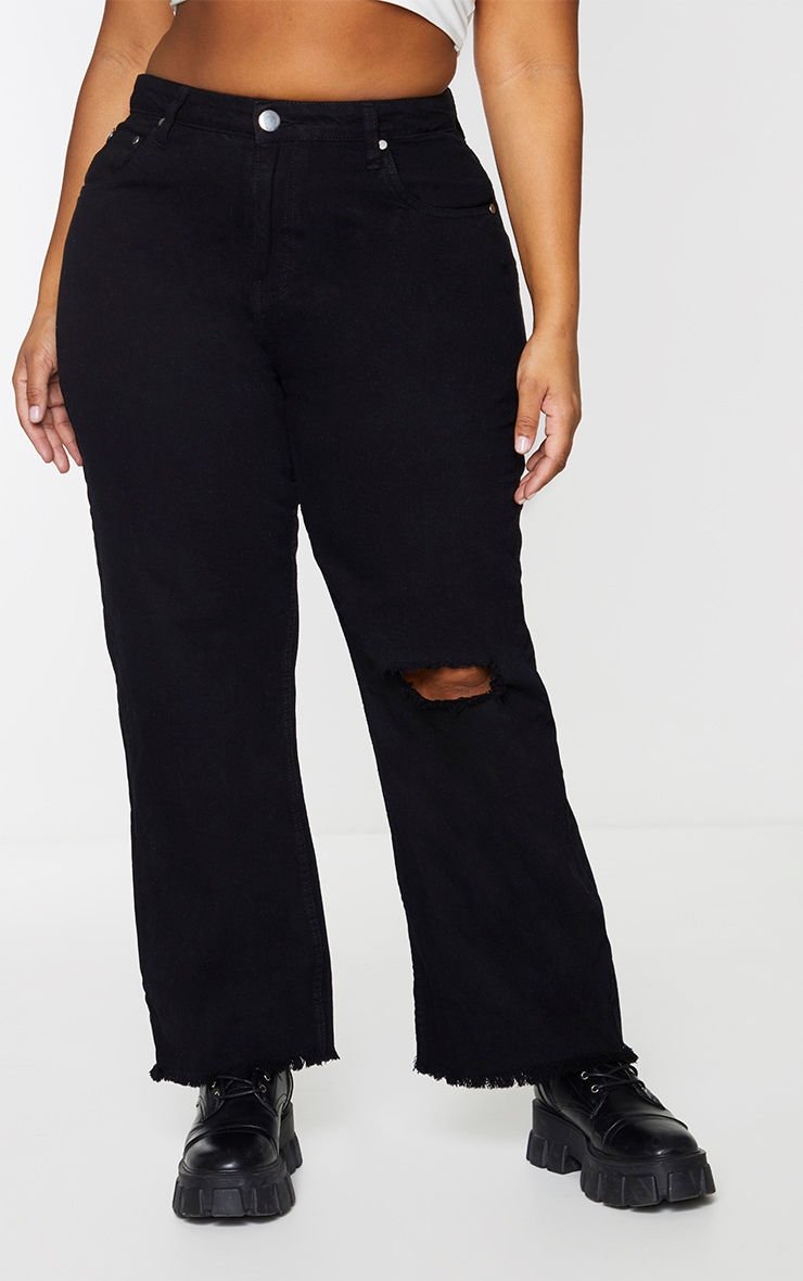 Plus Black Knee Rip Wide Leg Fray Hem Jeans PrettyLittleThing