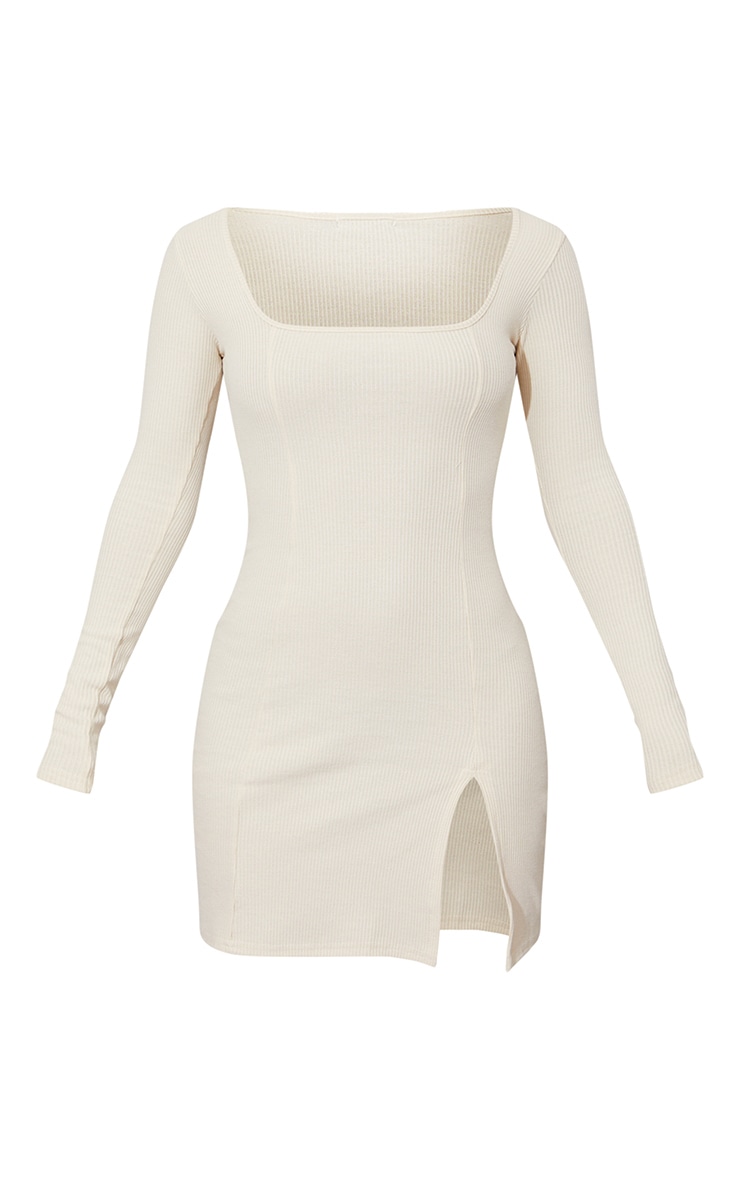 Cream Rib Split Hem Square Neck Long Sleeve Bodycon Dress image 6