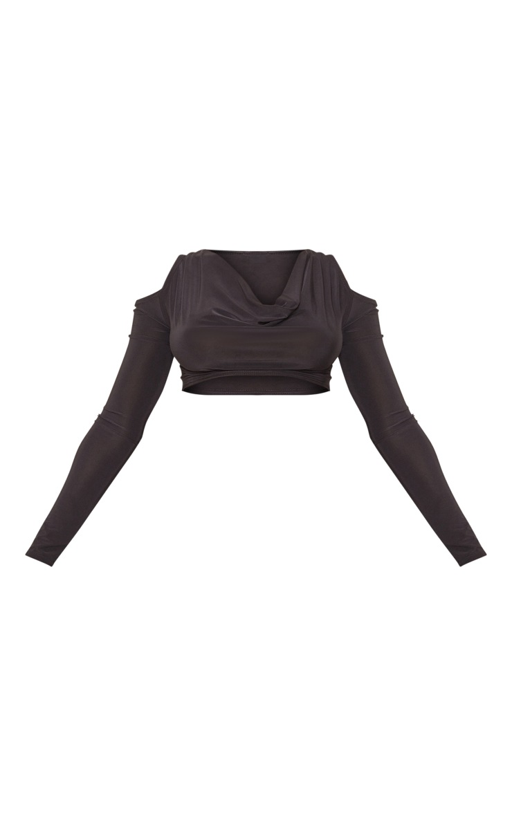 Black Slinky Cowl Neck Cold Shoulder Crop Top image 3