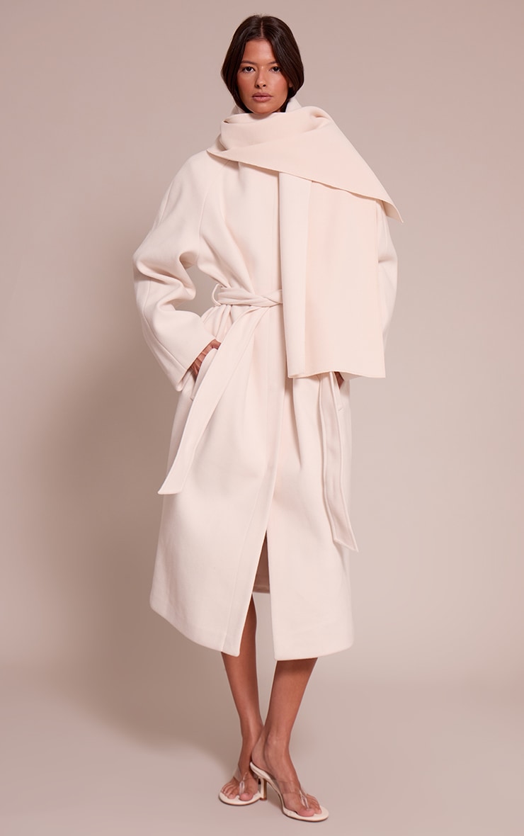 Cream High Neck Scarf Wool Look Maxi Coat image 3