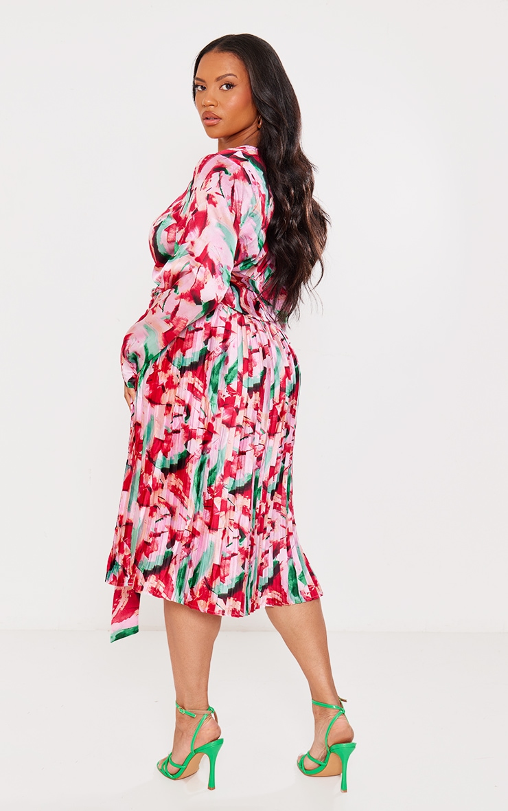 Plus Pink Floral Print Long Sleeve Pleated Midi Dress image 2