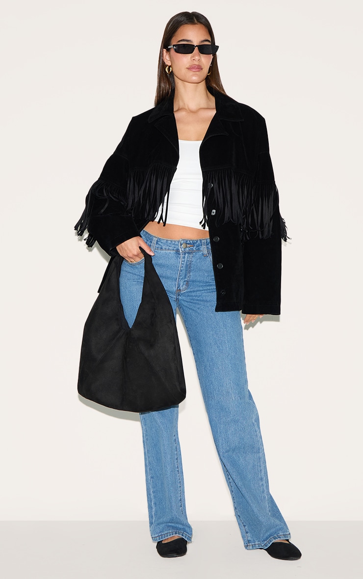 Black Faux Suede Heavy Fringed Jacket image 3