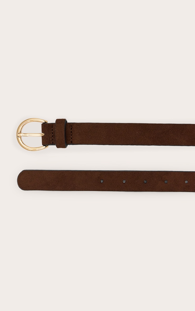 Chocolate Faux Suede Gold Crescent Buckle Skinny Belt image 2