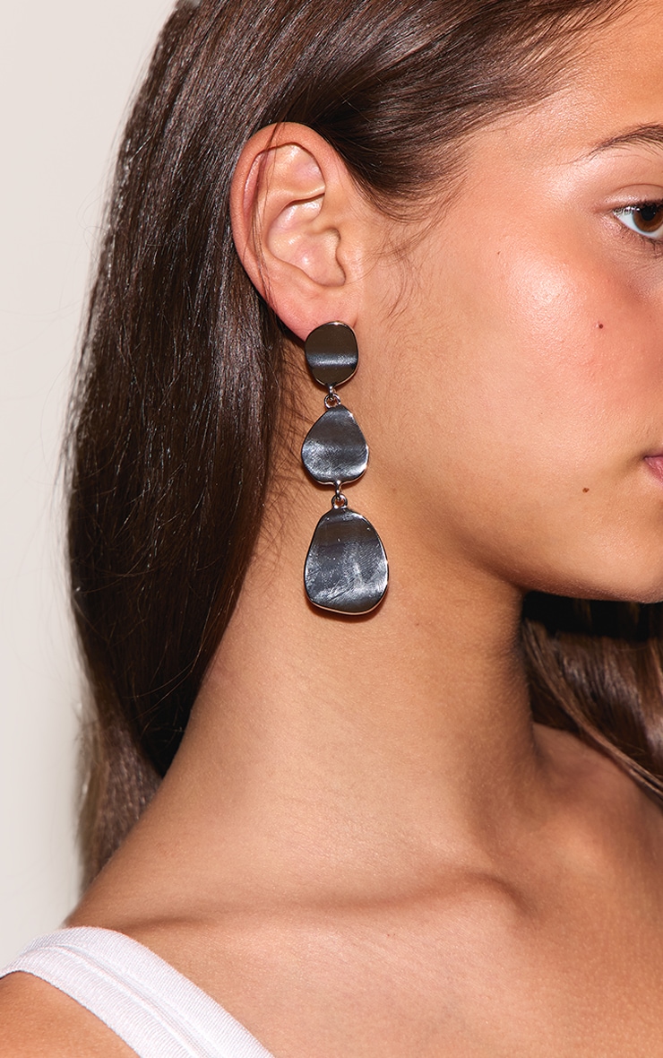 Silver Textured Layered Oval Drape Earrings image 1