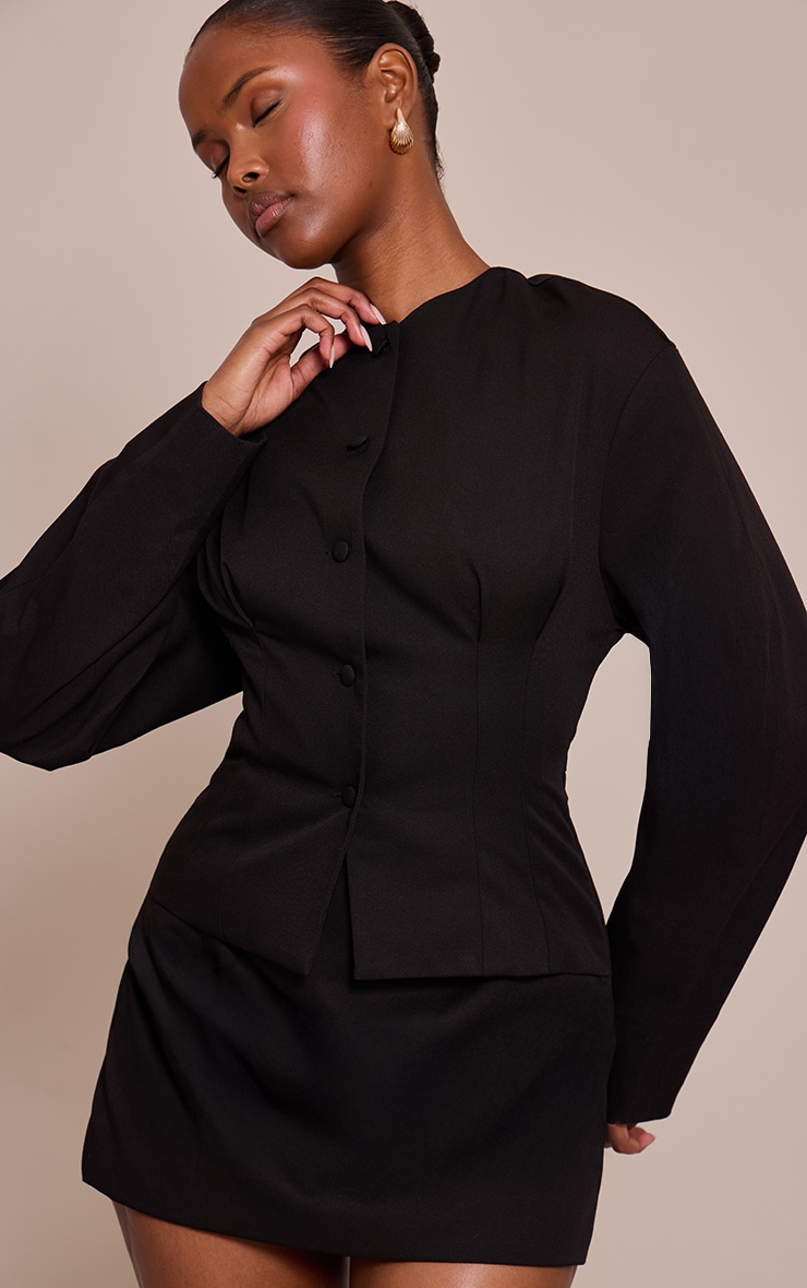 Black Woven Balloon Sleeve Skort Romper image 1