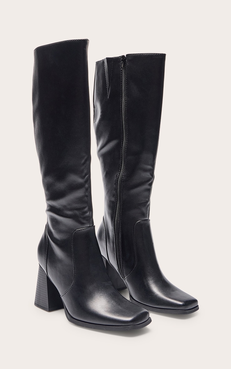 Black Pu Square Toe Block Heel Knee High Boots image 3