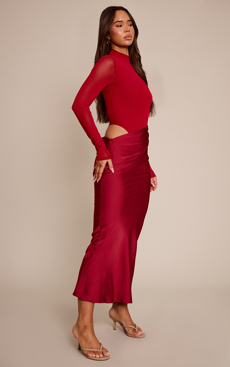 Wine Mesh Long Sleeve Draped Maxi Dress image 3