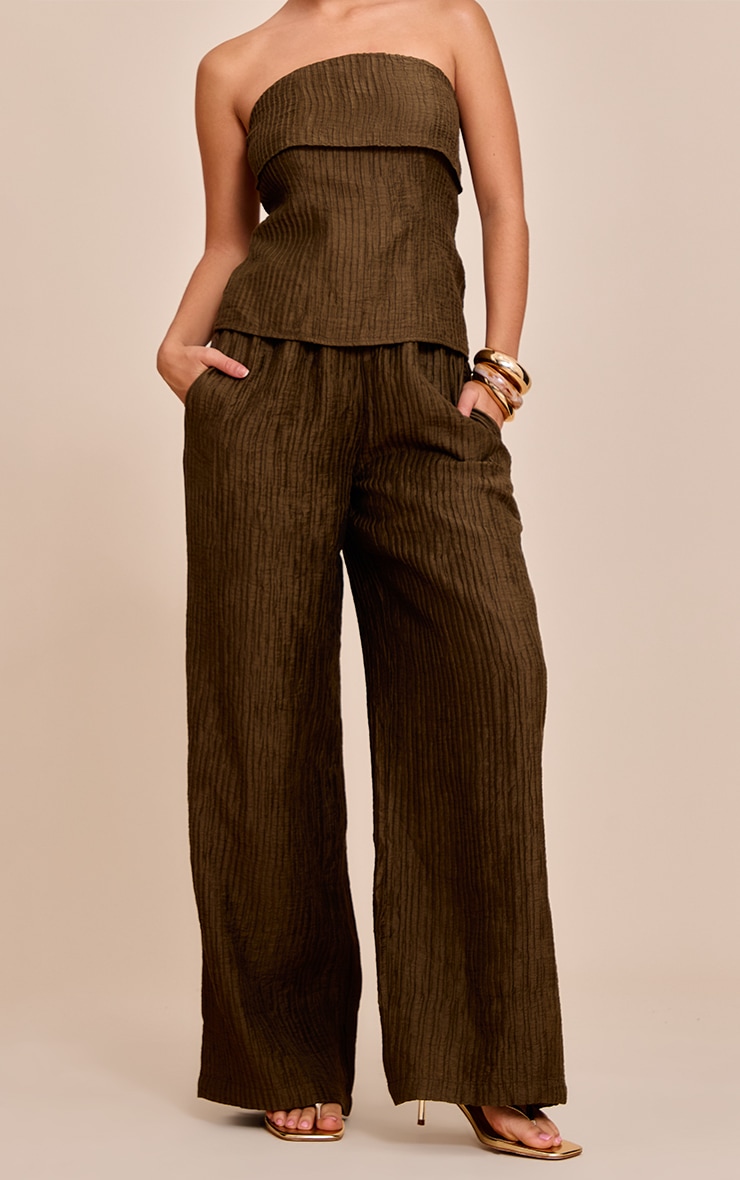 Khaki Textured Woven Mid Rise Wide Leg Pants image 2