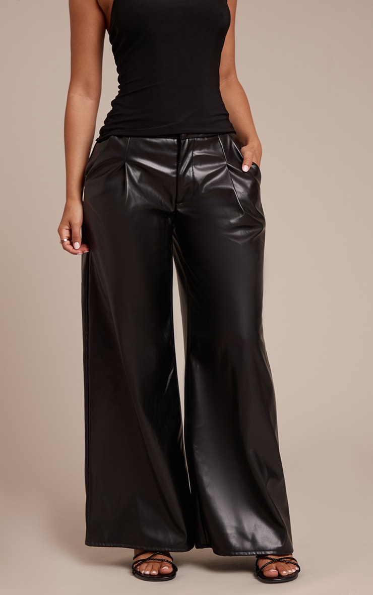 Petite Black Pleated Faux Leather Pants image 2