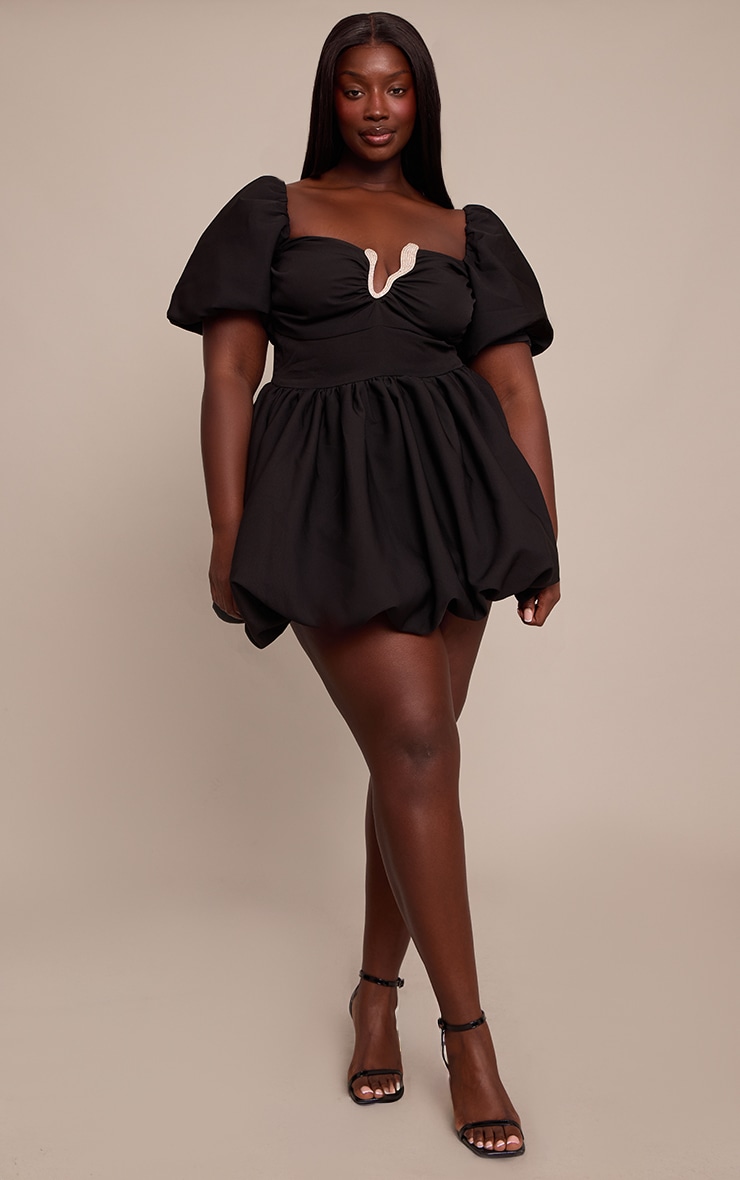 Plus Black Woven Diamante Trim Puffball Mini Dress image 3