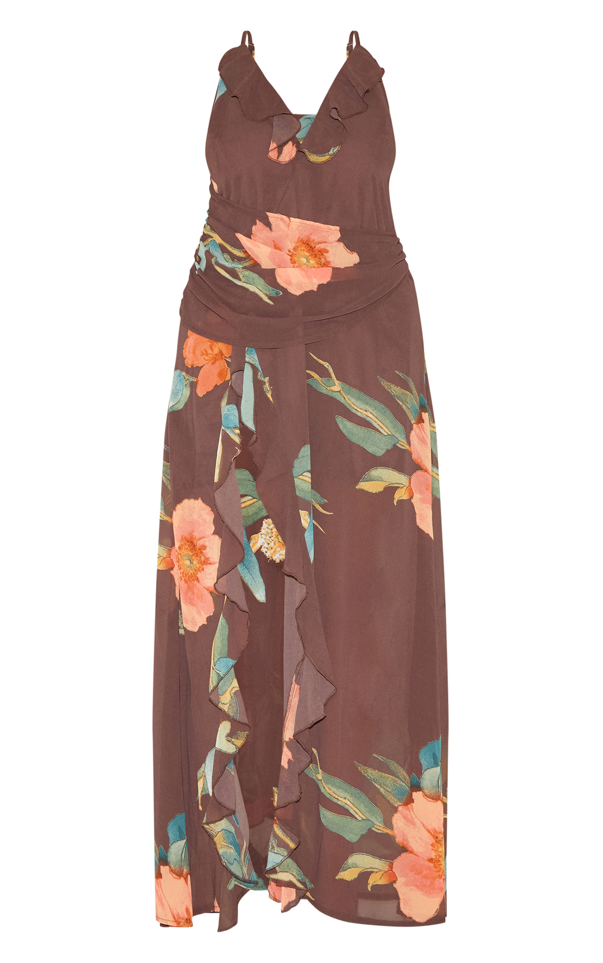 Plus Brown Floral Chiffon Frill Plunge Strappy Maxi Dress image 5