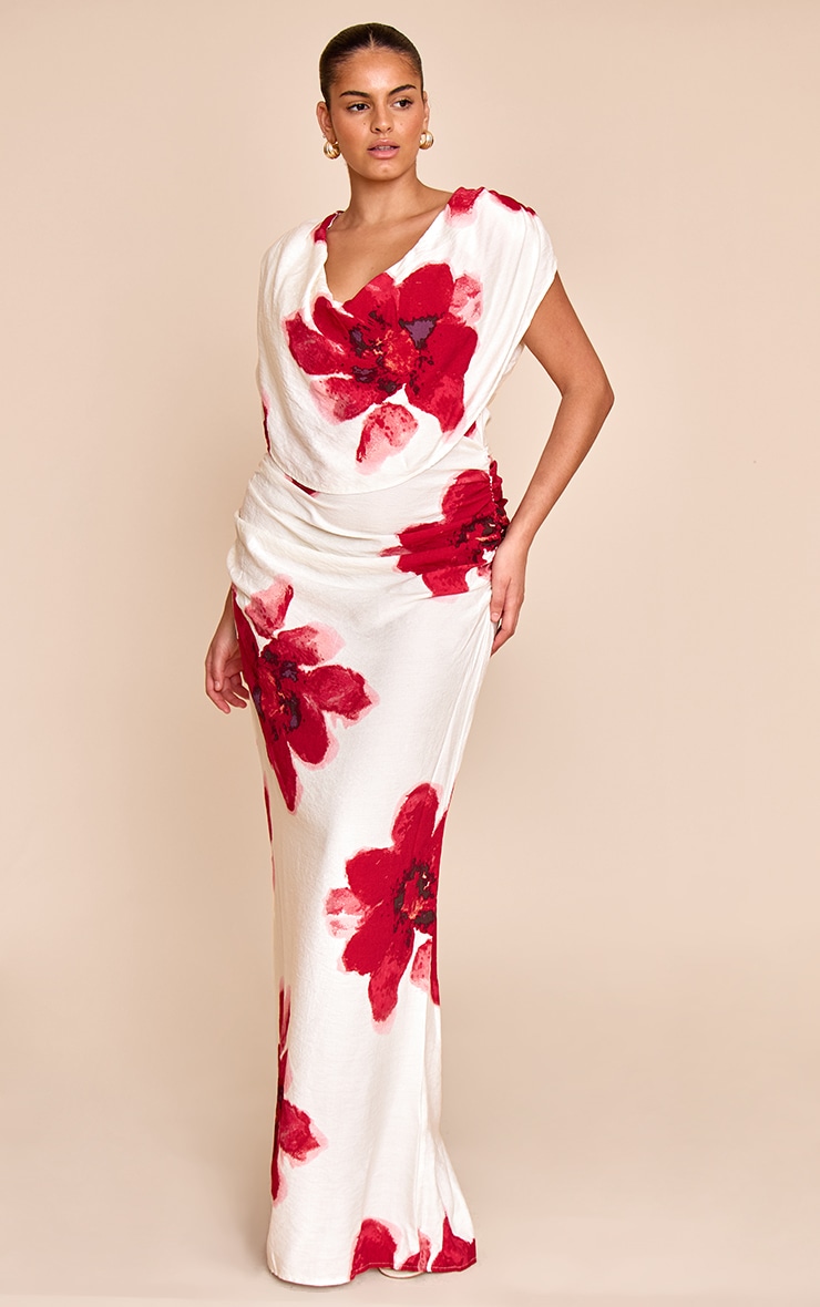 Plus Red Printed Extreme Cowl Ruched Detail Maxi Dress image 1