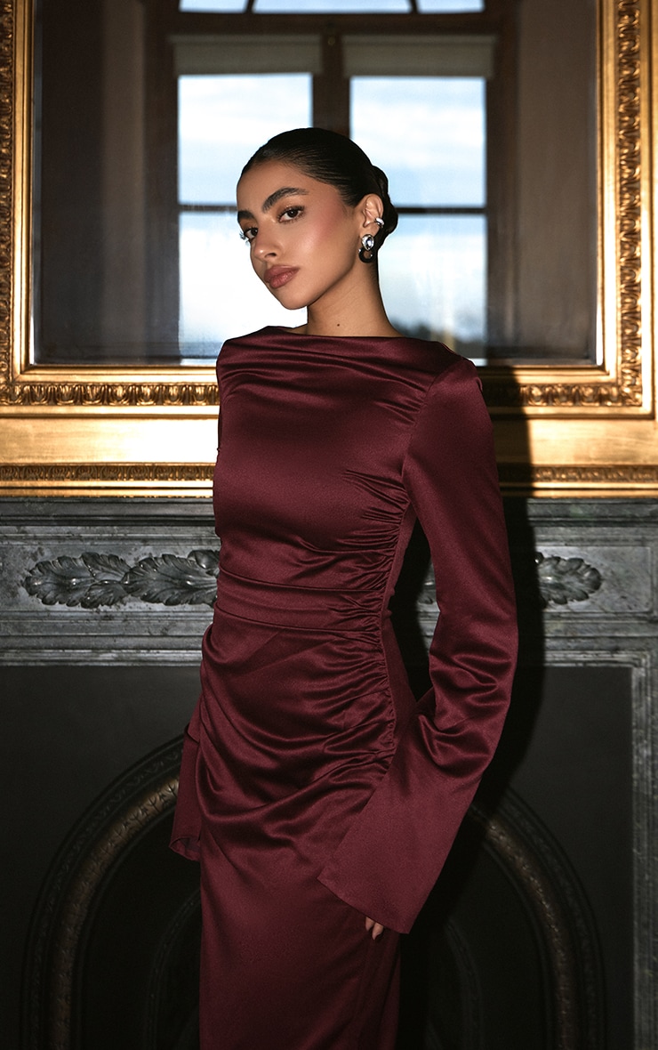 Wine Satin High Neck Flared Sleeve Maxi Dress