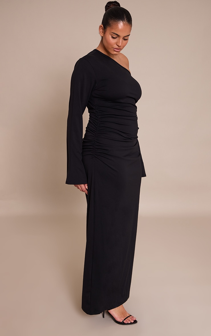 Plus Black Sculpt Bardot Ruched Side Long Sleeve Maxi Dress image 3