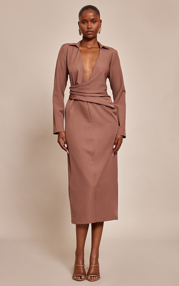 Chocolate Woven Wrap Detail Long Sleeve  Maxi Dress