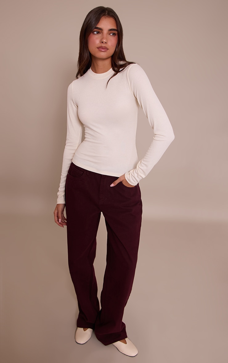Cream Soft Rib Crew Neck Long Sleeve Top image 3