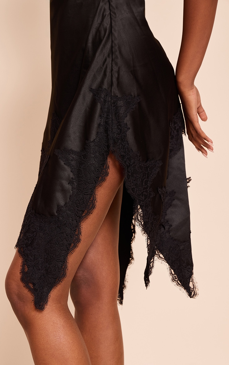 Black Satin Lace Trim Detail Mini Dress image 4