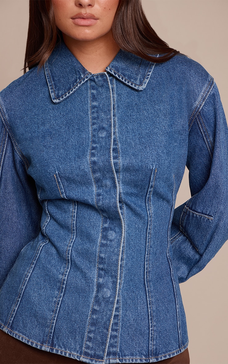 Dark Blue Balloon Sleeve Cinched Denim Shirt image 4