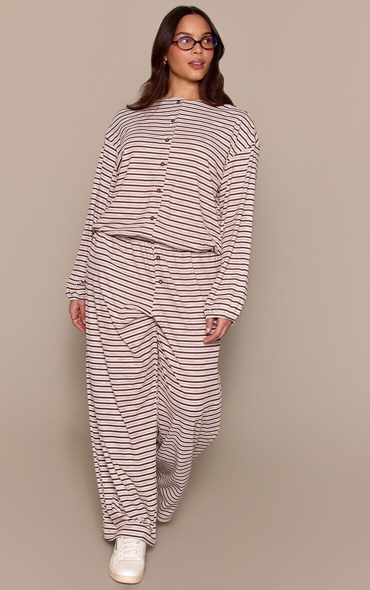 Plus Dark Brown Stripe Soft Rib Relaxed Elasticated Pants image 2