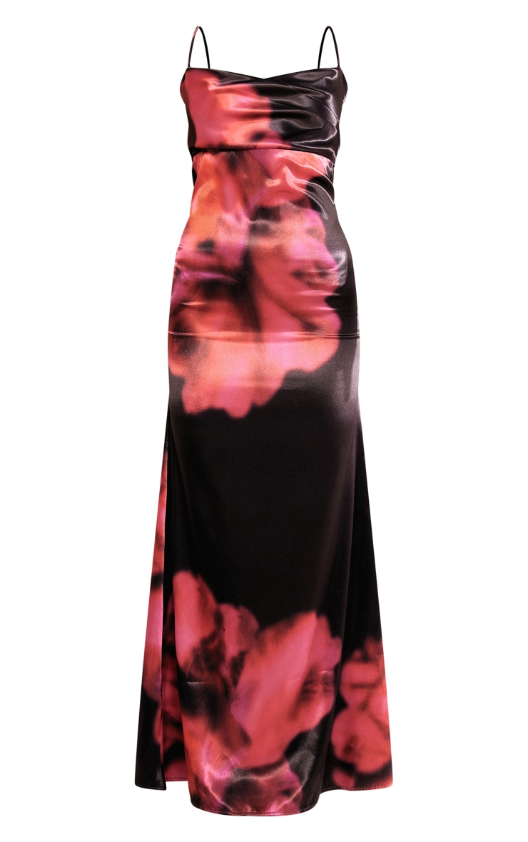 Black Floral Satin Cowl Neck Maxi Dress image 5