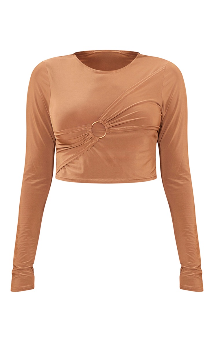 Petite Taupe Long Sleeve Slinky Crop Top image 5