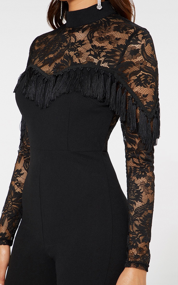 Black Lace Tassel Long Sleeve Jumpsuit PrettyLittleThing USA