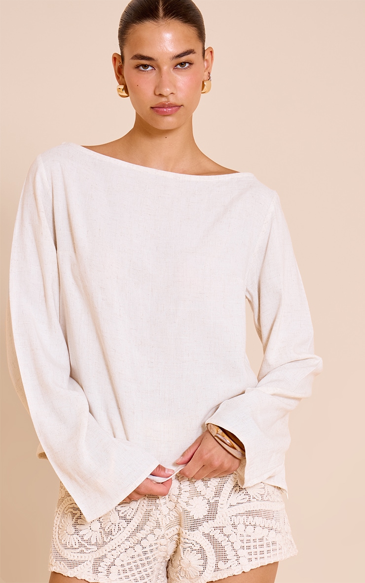 Beige Lightweight Woven Long Sleeve Oversized Top image 4